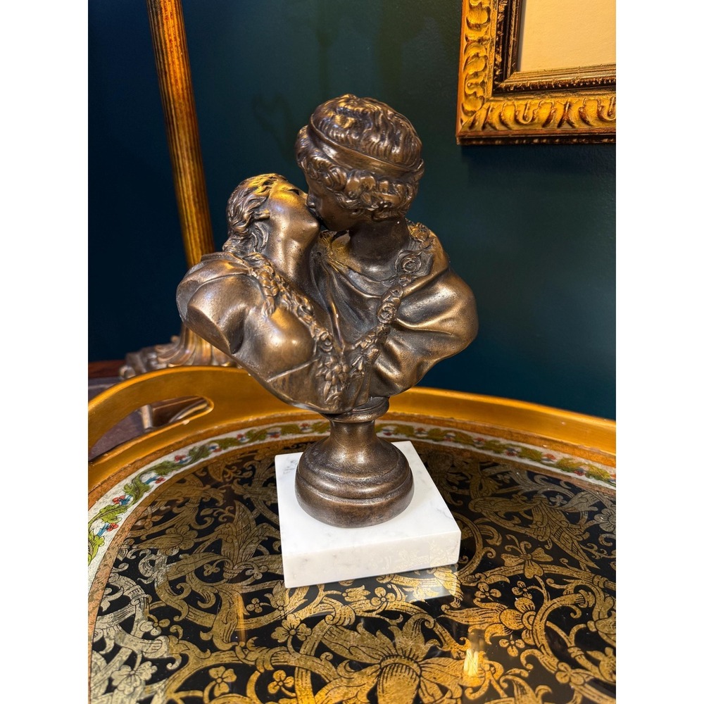 Vintage "The Kiss" Bust – Bronze-Tone Couple Sculpture on Marble Base 9″